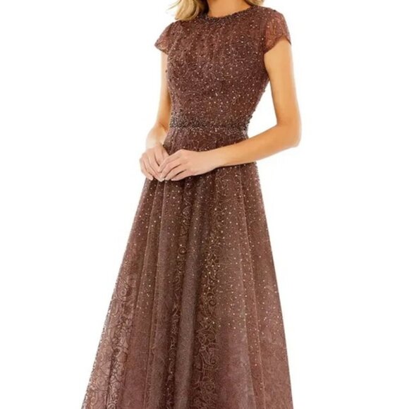 Mac Duggal Chocolate Brown Copper Beaded Floral Cap Sleeve Gown - Picture 1 of 6